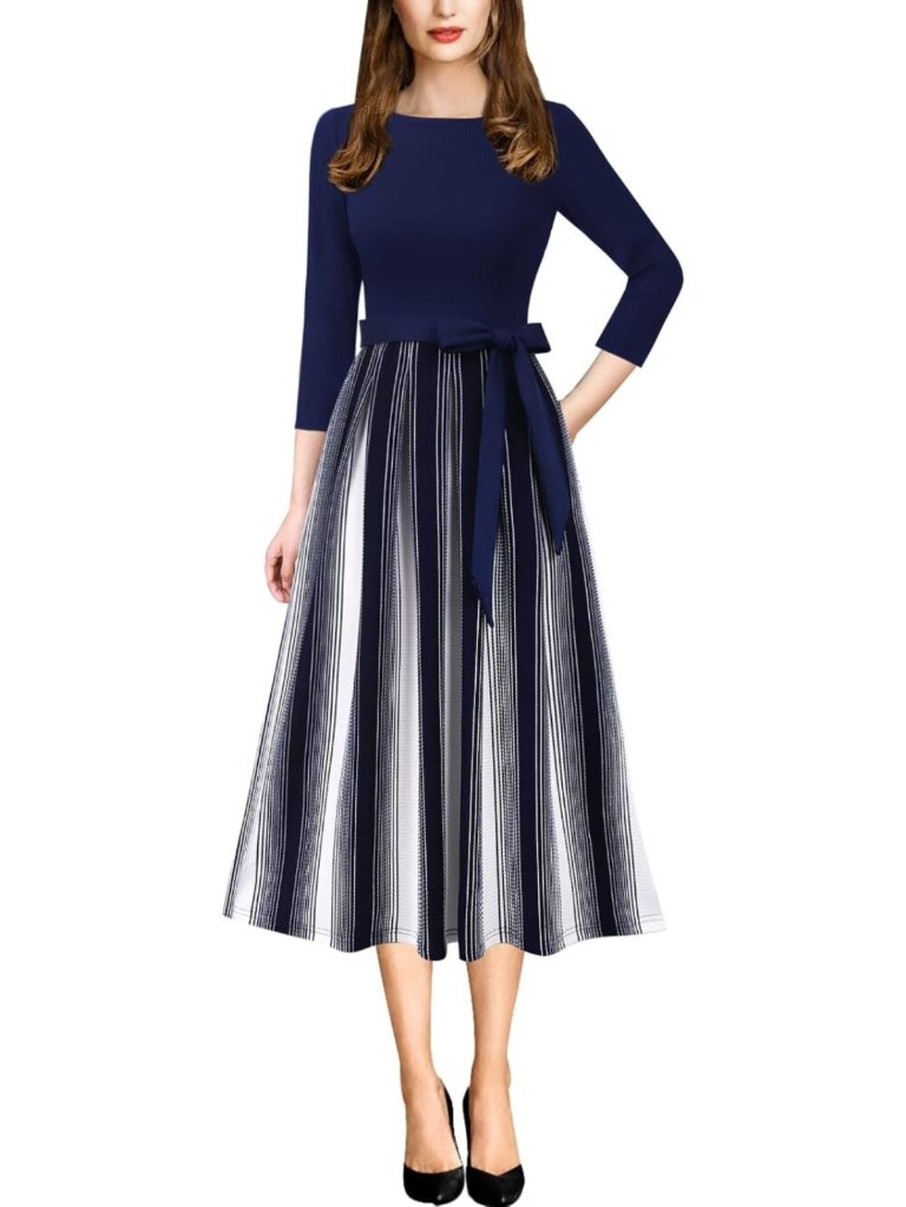 Chic Women's A-Line Midi Dress with Pockets, Belted for Work & Casual Events